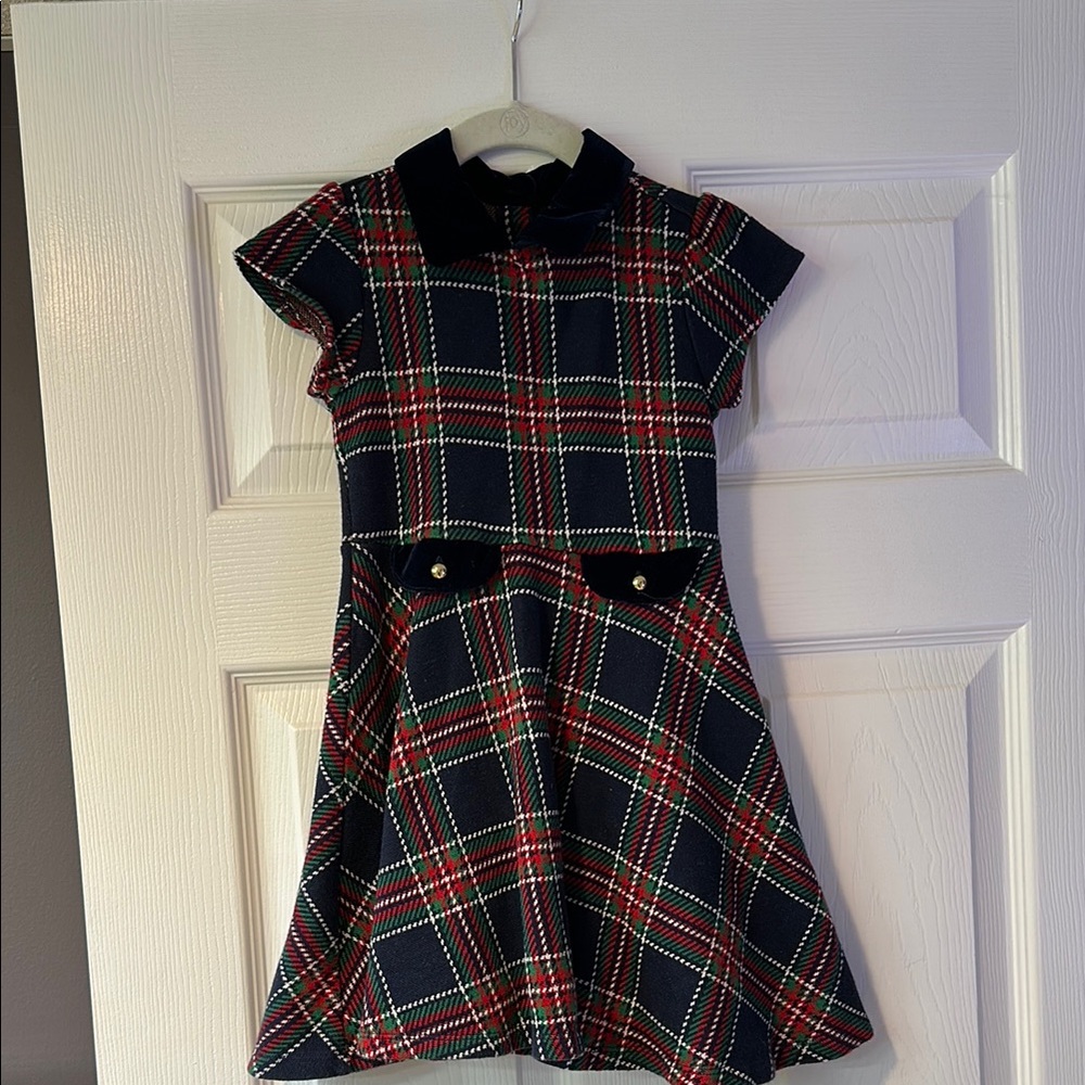 Plaid Kids Dress with Velvet Collar